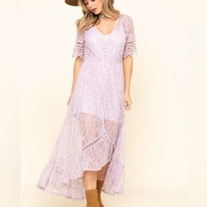 Shyanne asymmetric, lavender, lace dress in size XL.